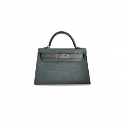 HERMÈS MASTER MINI KELLY II EPSOM ALMOND GREEN SILVER BUCKLE (19*12*5.5cm) 